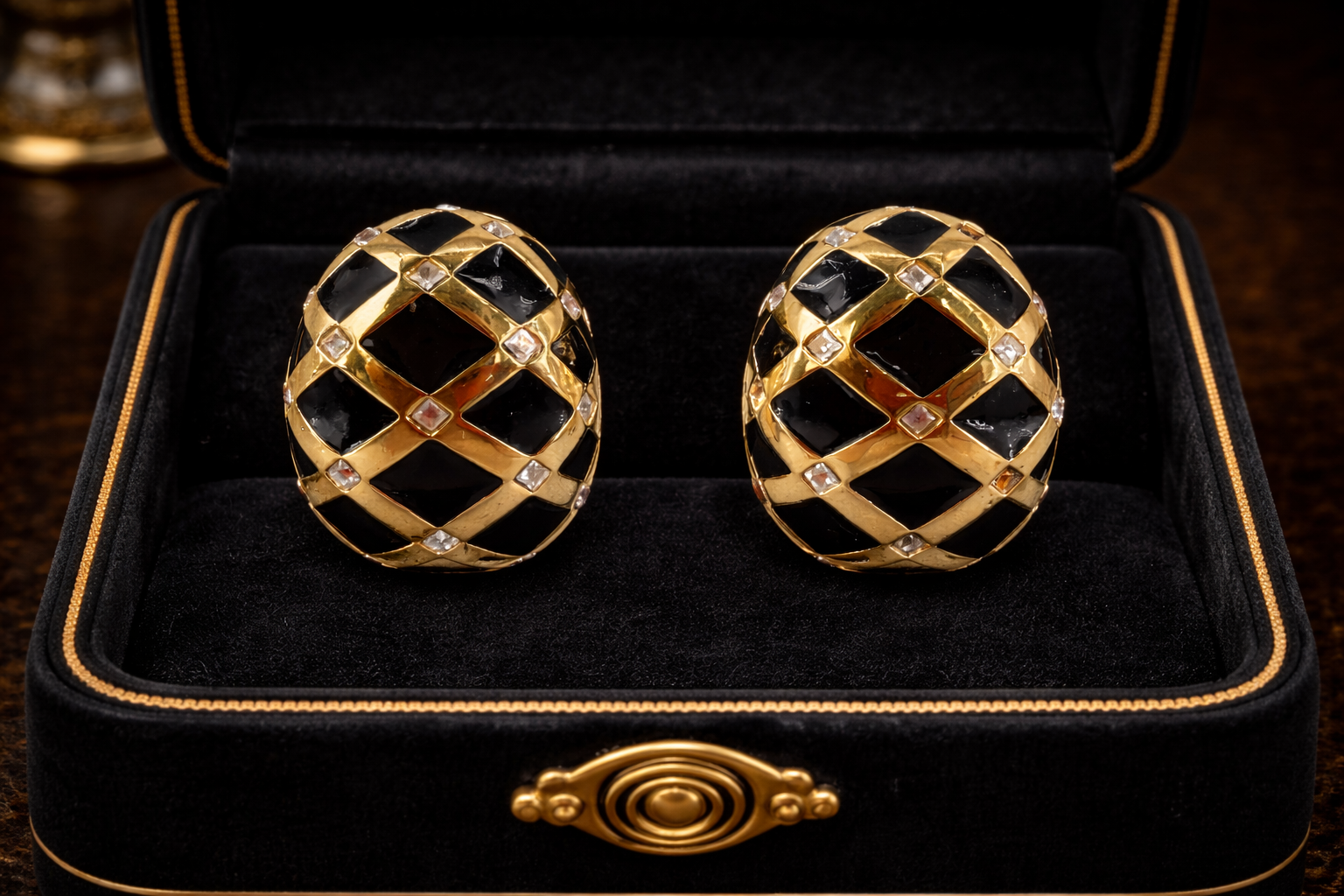 Vintage St. John Black Enamel Rhinestone Clip-On Earrings | Gold-Tone Designer Statement Earrings