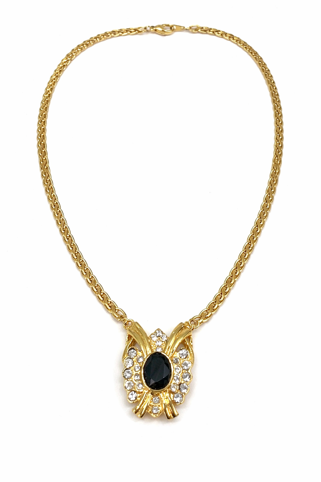 Vintage Gold Tone Statement Necklace with Black Oval Stone & Rhinestone Pendant
