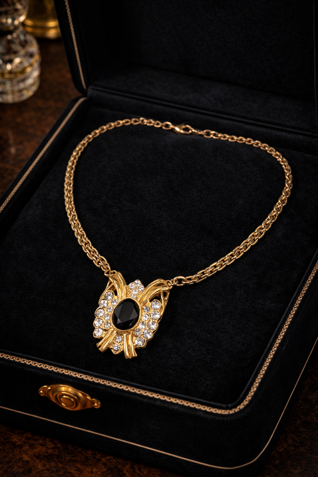 Vintage Gold Tone Statement Necklace with Black Oval Stone & Rhinestone Pendant