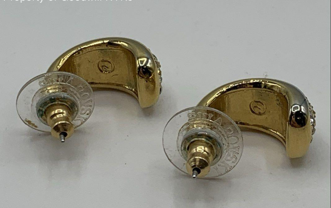 Swarovski Gold Tone Crystal Pave J-hoop Earrings Signed Swan Logo