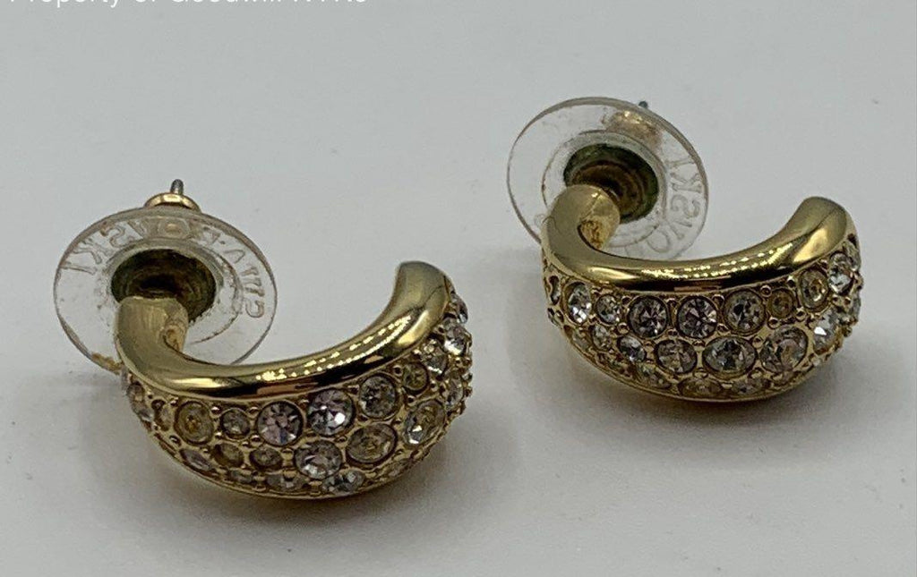 Swarovski Gold Tone Crystal Pave J-hoop Earrings Signed Swan Logo