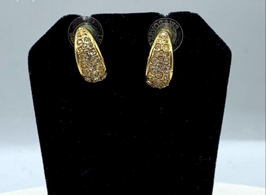 Swarovski Gold Tone Crystal Pave J-hoop Earrings Signed Swan Logo