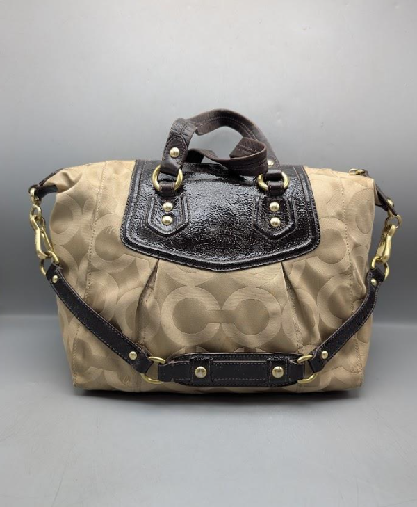 Coach Madison Audrey Satchel Op Art Sateen Monogram Beige Brown Leather Trim Handbag