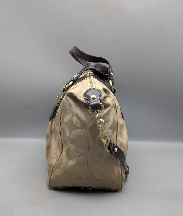 Coach Madison Audrey Satchel Op Art Sateen Monogram Beige Brown Leather Trim Handbag