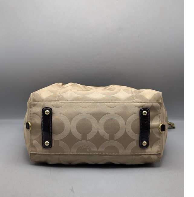 Coach Madison Audrey Satchel Op Art Sateen Monogram Beige Brown Leather Trim Handbag