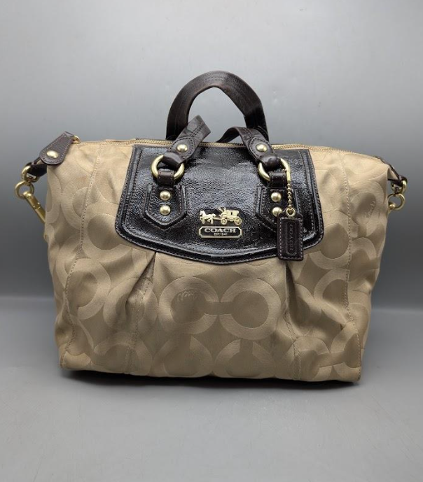 Coach Madison Audrey Satchel Op Art Sateen Monogram Beige Brown Leather Trim Handbag