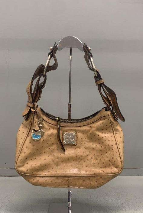 Dooney & Bourke Tan Ostrich Embossed Leather Hobo Bag Slouchy Shoulder Purse with Duck Charm