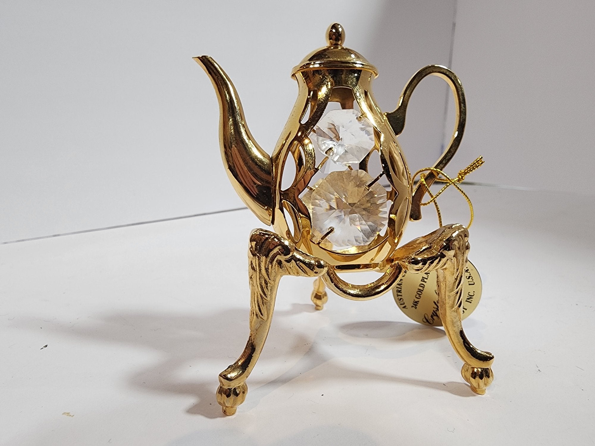 Vintage 24K Gold Plated Teapot Crystal Ornament on Stand Decorative Miniature Teapot Gift Collectible