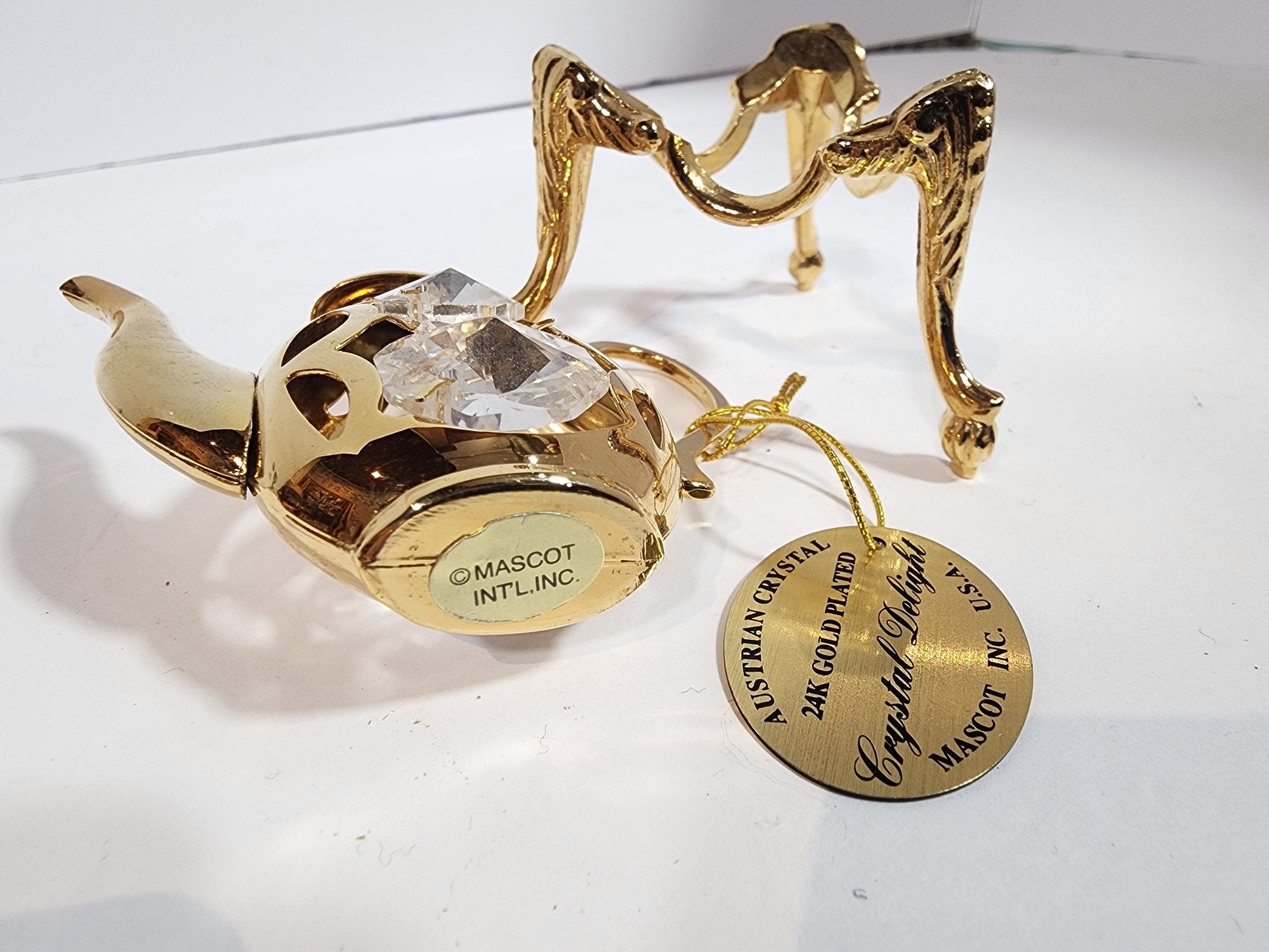 Vintage 24K Gold Plated Teapot Crystal Ornament on Stand Decorative Miniature Teapot Gift Collectible