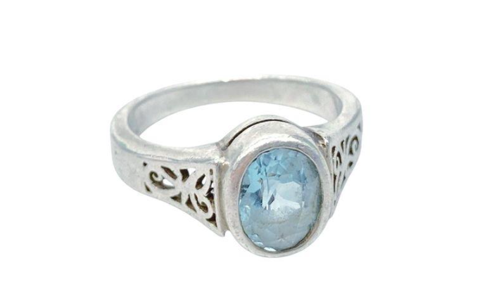 Sterling Silver 925 Blue Topaz Gemstone Ring | Open Work Band Size 6