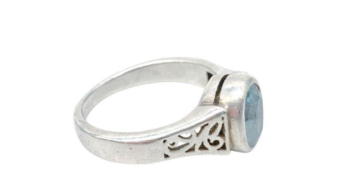 Sterling Silver 925 Blue Topaz Gemstone Ring | Open Work Band Size 6