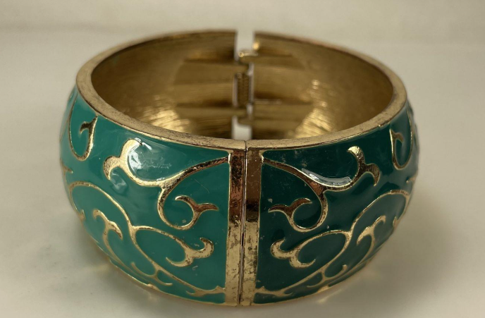 Vintage Gold-Tone Turquoise Enamel Hinged Cuff Bracelet with Scrollwork Design