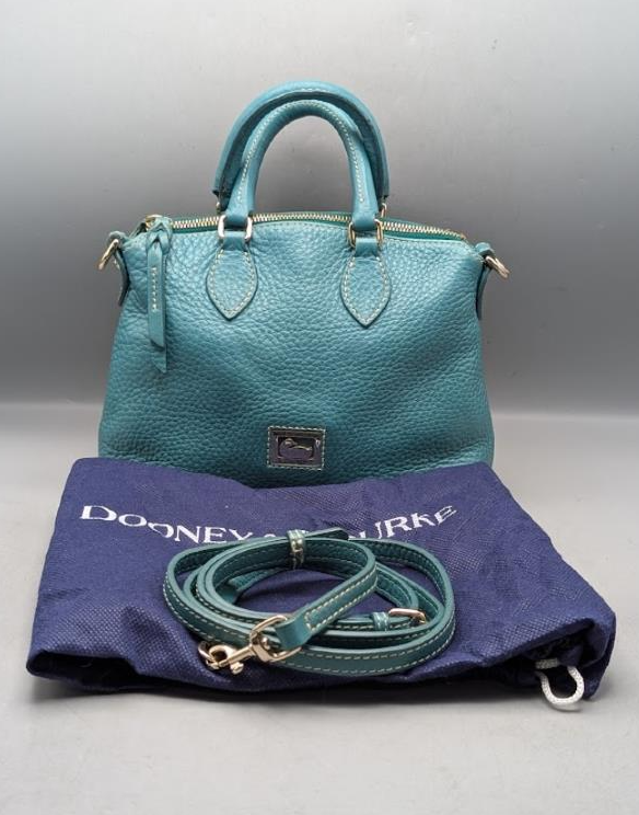 Dooney and Bourke Small Dillen Satchel | Teal Pebbled Leather Crossbody Bag with Strap and Dust Bag
