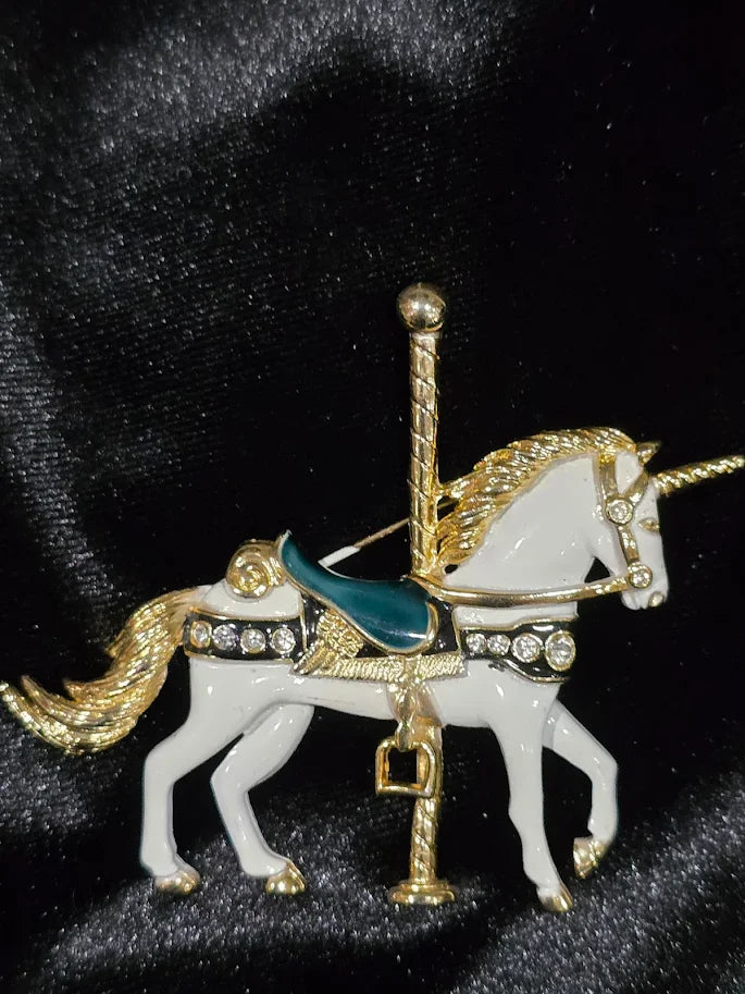 Carousel Unicorn Brooch White Enamel Gold-Tone Crystal Figural Pin Whimsical Jewelry