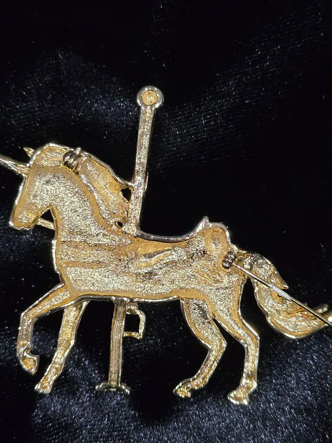 Carousel Unicorn Brooch White Enamel Gold-Tone Crystal Figural Pin Whimsical Jewelry