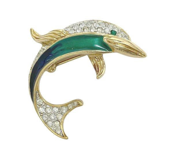 Vintage Atwood and Sawyer Enamel Dolphin Brooch with Crystal Rhinestones | Gold Tone Designer Ocean Jewelry