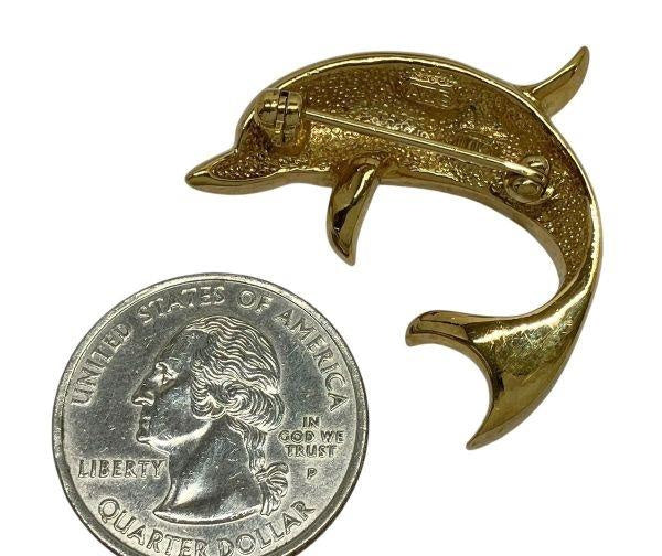 Vintage Atwood and Sawyer Enamel Dolphin Brooch with Crystal Rhinestones | Gold Tone Designer Ocean Jewelry