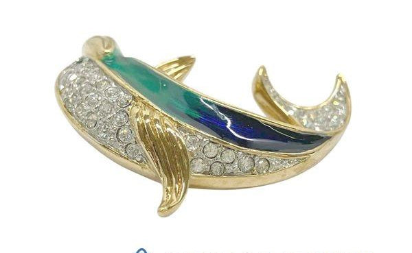 Vintage Atwood and Sawyer Enamel Dolphin Brooch with Crystal Rhinestones | Gold Tone Designer Ocean Jewelry