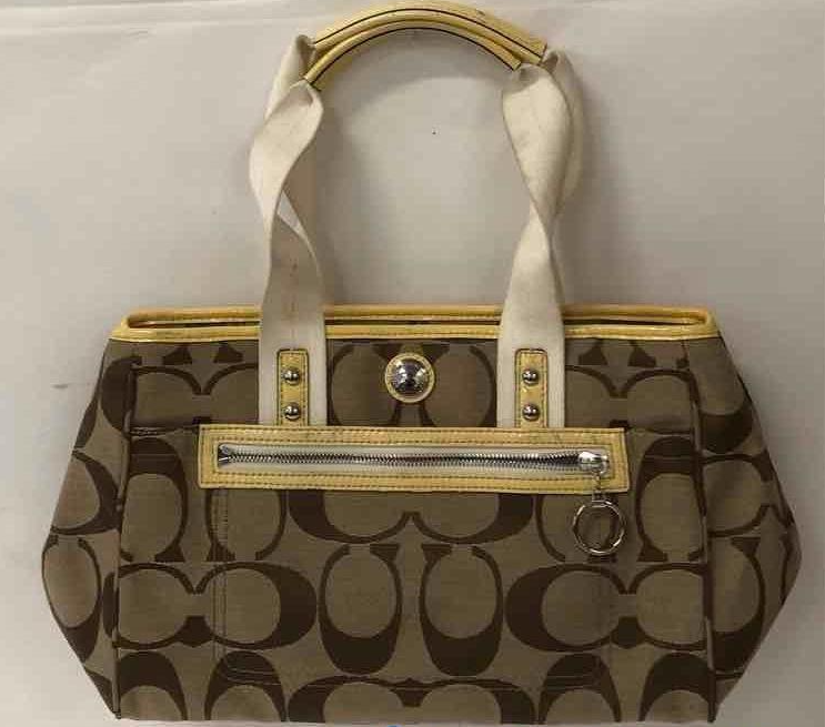 Coach Signature C Canvas Satchel | Khaki & Brown Structured Top Handle Handbag with Turnlock Accent