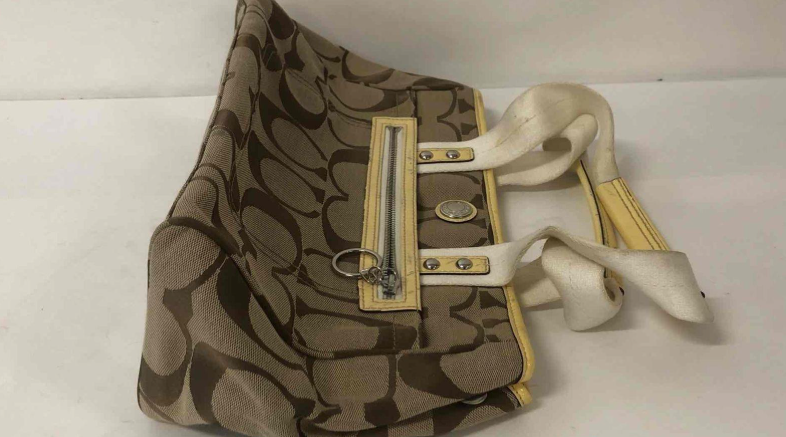 Coach Signature C Canvas Satchel | Khaki & Brown Structured Top Handle Handbag with Turnlock Accent