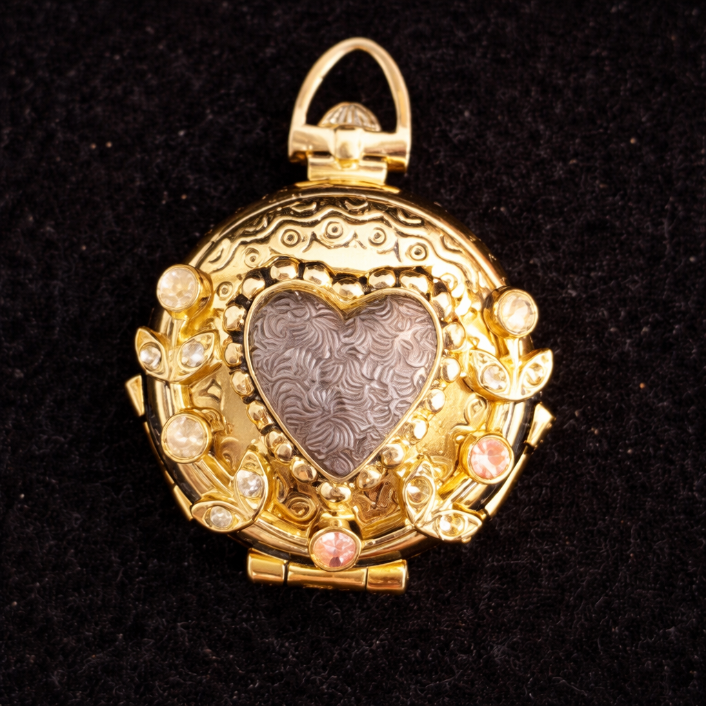 Coro Pegasus Rhinestone Heart Photo Locket Necklace Gold-Tone Vintage Signed
