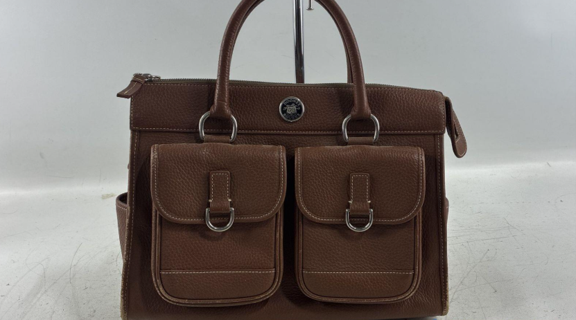 Vintage Dooney & Bourke All Weather Leather Brown Pebbled Satchel Handbag Dual Pocket Structured Tote