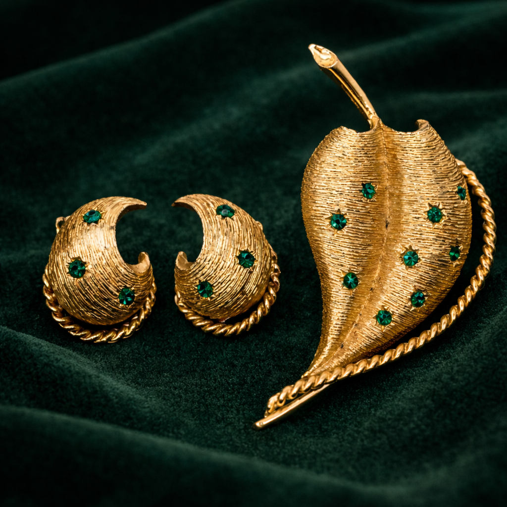 Vintage Gold Tone Leaf Brooch and Clip On Earring Set Green Rhinestone Matching Set