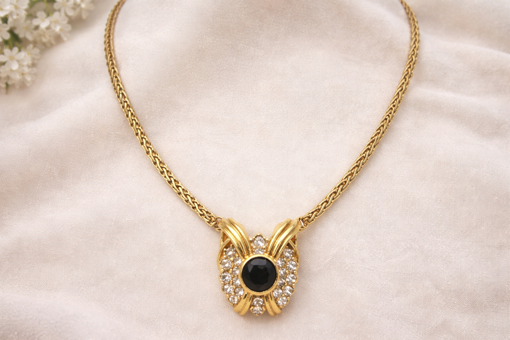 Vintage Gold-Tone Rhinestone Pendant Necklace with Black Cabochon Center
