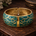Vintage Gold-Tone Turquoise Enamel Hinged Cuff Bracelet with Scrollwork Design