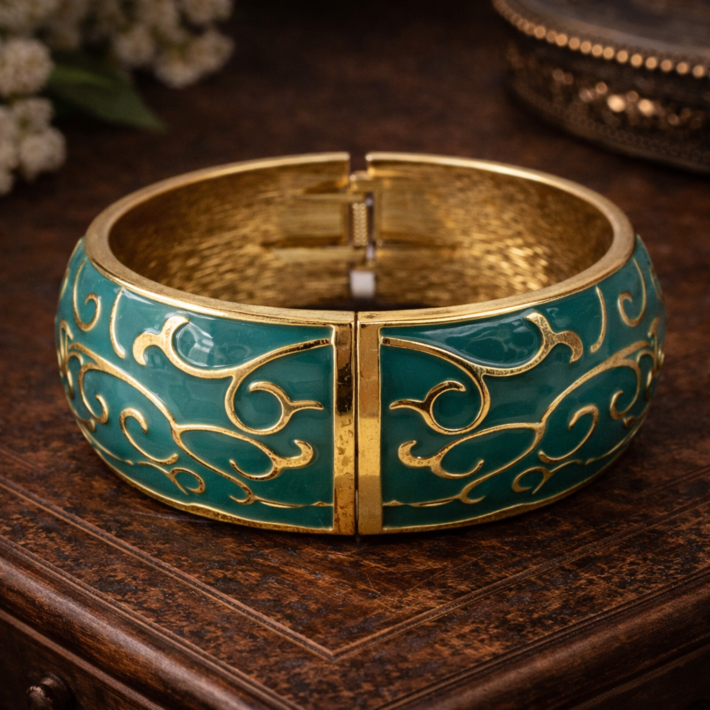 Vintage Gold-Tone Turquoise Enamel Hinged Cuff Bracelet with Scrollwork Design