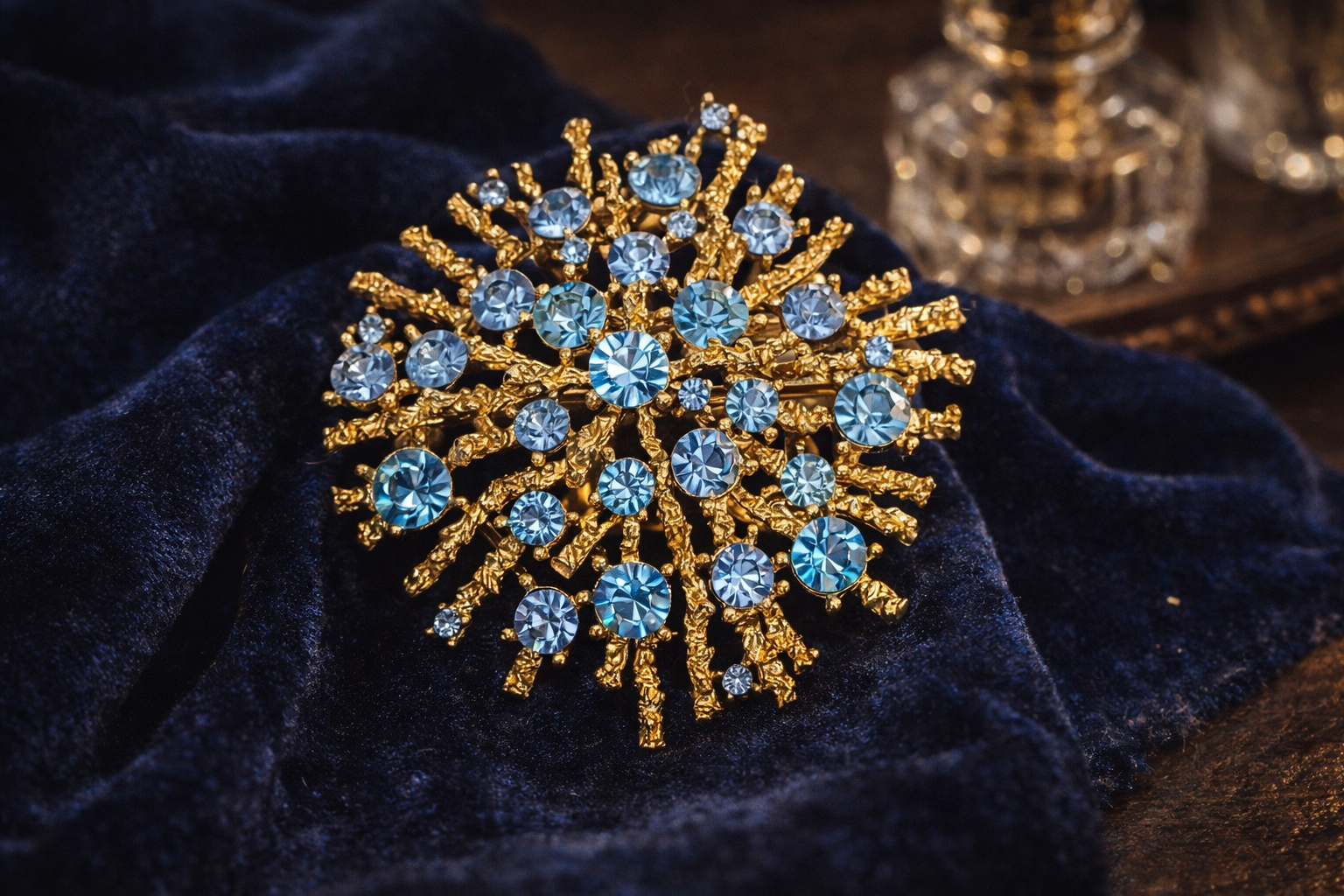 Lisner Blue Rhinestone Starburst Brooch – Signed Gold Tone Statement Pin