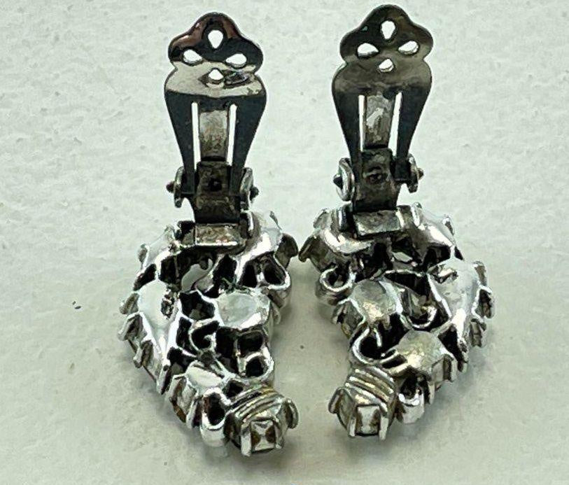 Vintage Lisner Clear Rhinestone Clip-On Earrings Silver Tone 2.5 cm Statement Earrings