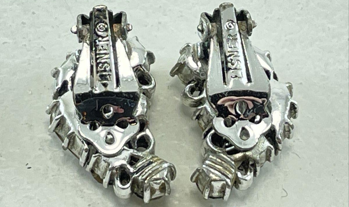 Vintage Lisner Clear Rhinestone Clip-On Earrings Silver Tone 2.5 cm Statement Earrings
