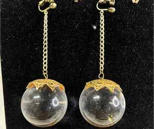 Vintage Style Gold Tone Clip-On Dangle Earrings with Large Clear Crystal Spheres