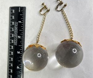 Vintage Style Gold Tone Clip-On Dangle Earrings with Large Clear Crystal Spheres