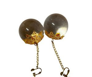 Vintage Style Gold Tone Clip-On Dangle Earrings with Large Clear Crystal Spheres