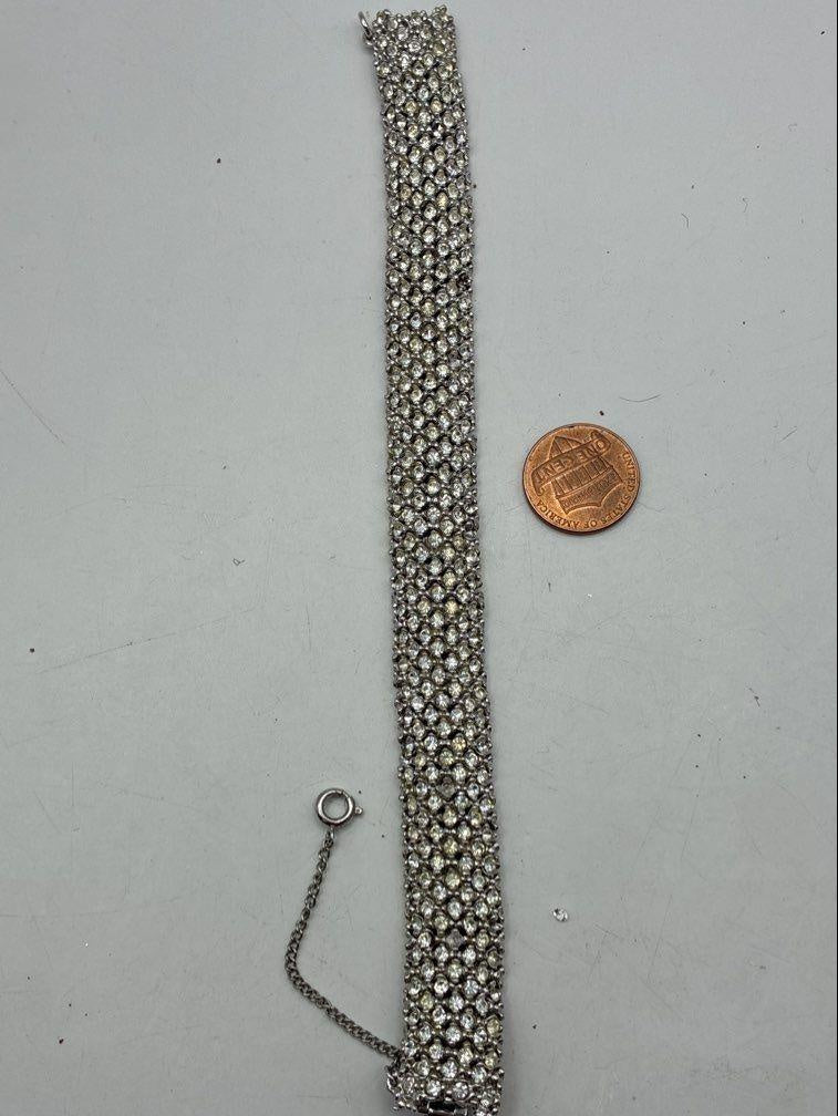 Vintage White Rhinestone Cluster Panel Link Bracelet | Silver Tone Statement Tennis Bracelet