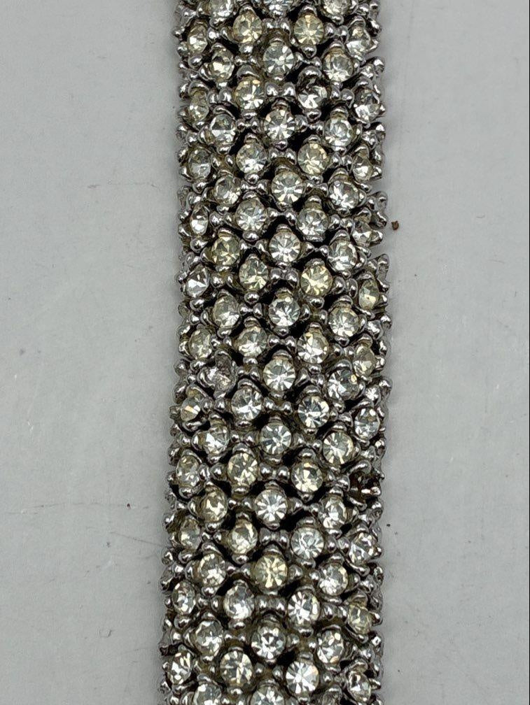 Vintage White Rhinestone Cluster Panel Link Bracelet | Silver Tone Statement Tennis Bracelet