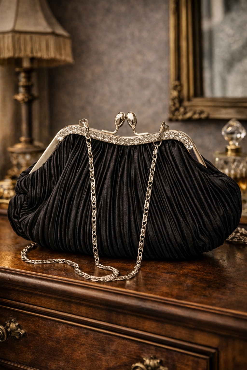 Black Pleated Evening Clutch with Silver Frame and Chain Strap Vintage Style