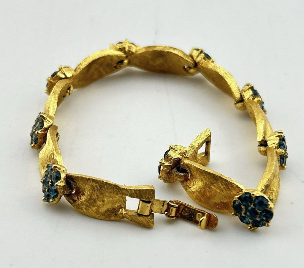Vintage Crown Trifari Birthday Series Blue Rhinestone Ribbon Bracelet, 1960s Gold Tone Designer Jewelry