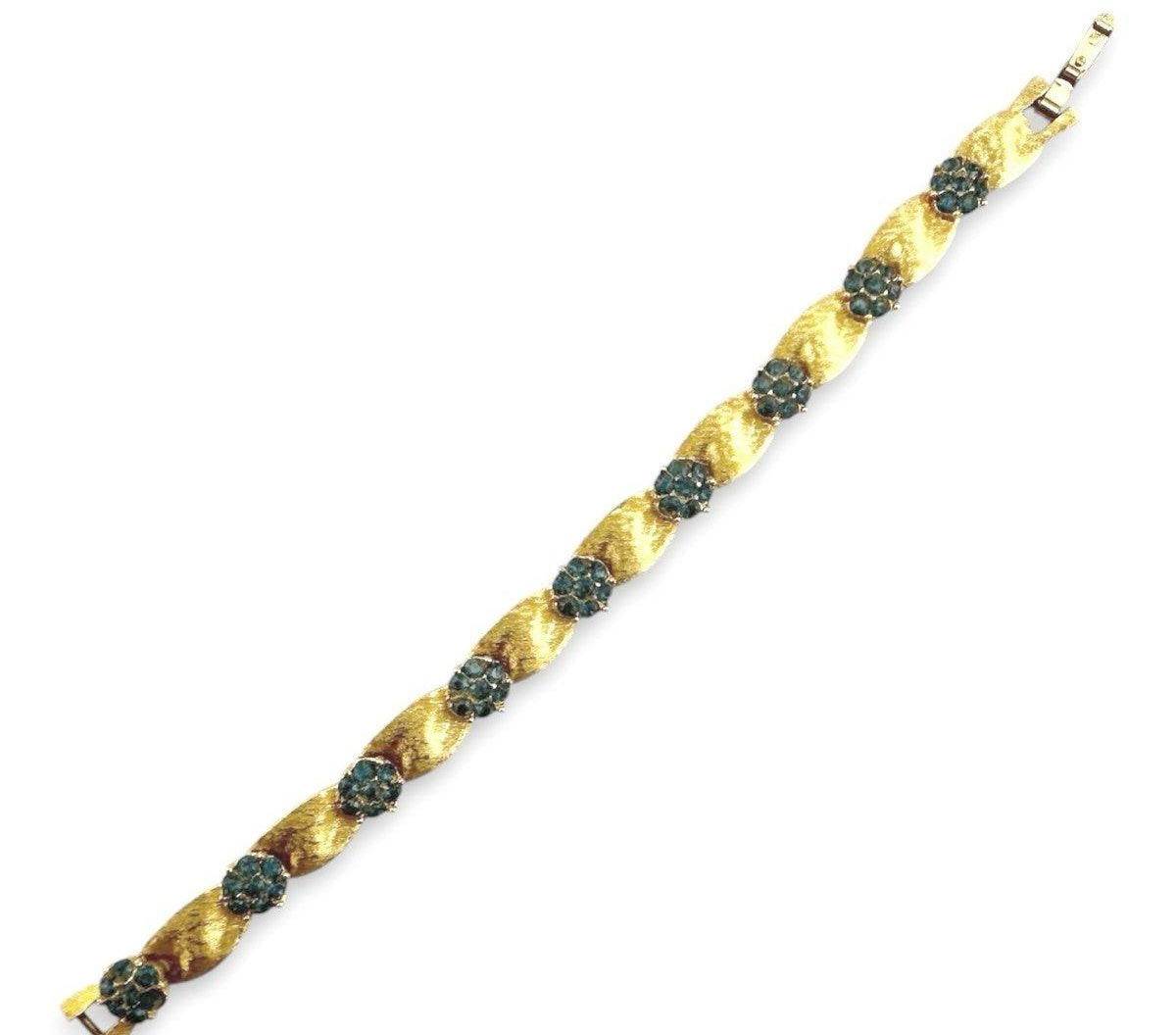 Vintage Crown Trifari Birthday Series Blue Rhinestone Ribbon Bracelet, 1960s Gold Tone Designer Jewelry