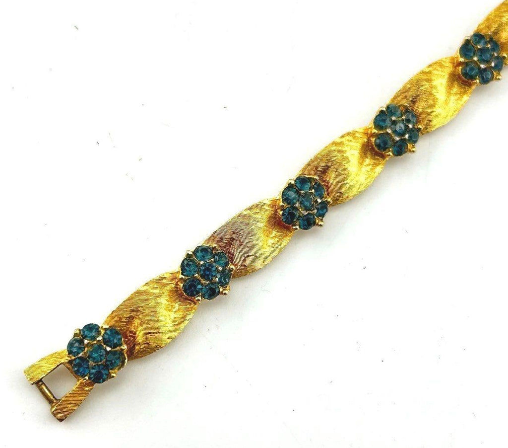 Vintage Crown Trifari Birthday Series Blue Rhinestone Ribbon Bracelet, 1960s Gold Tone Designer Jewelry