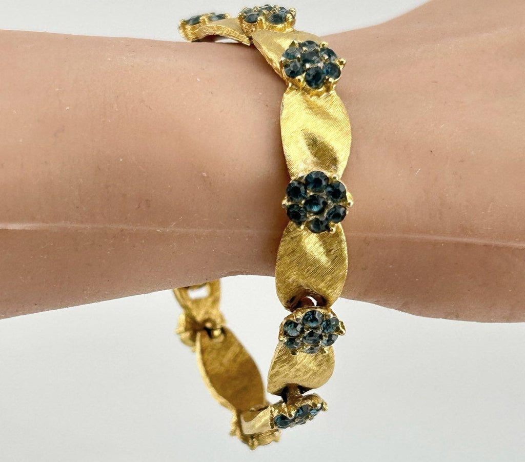 Vintage Crown Trifari Birthday Series Blue Rhinestone Ribbon Bracelet, 1960s Gold Tone Designer Jewelry