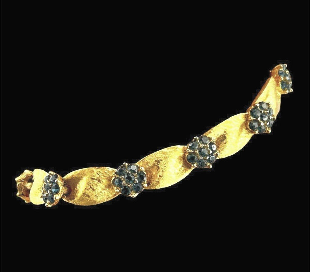 Vintage Crown Trifari Birthday Series Blue Rhinestone Ribbon Bracelet, 1960s Gold Tone Designer Jewelry