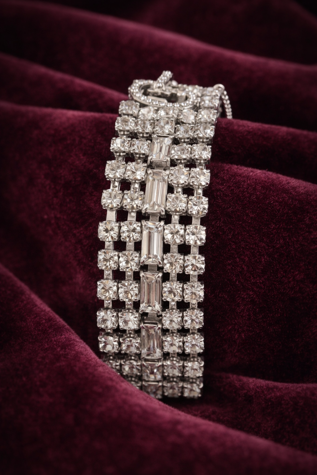 Vintage Weiss Rhinestone Bracelet with Baguette and Round Cut Stones, Wide Silver Tone Statement Bracelet