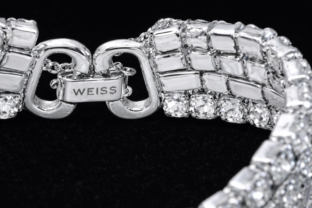 Vintage Weiss Rhinestone Bracelet with Baguette and Round Cut Stones, Wide Silver Tone Statement Bracelet