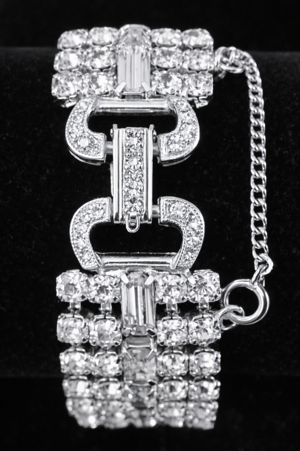 Vintage Weiss Rhinestone Bracelet with Baguette and Round Cut Stones, Wide Silver Tone Statement Bracelet