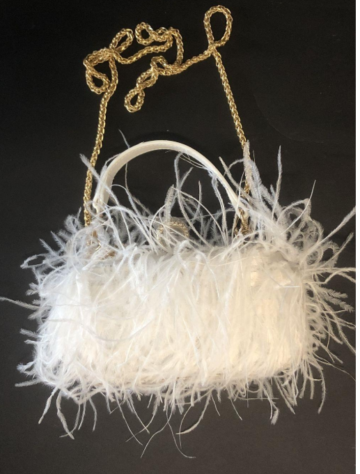 White Feather Bridal Evening Clutch with Gold Chain Strap | Formal Handbag
