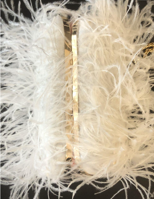 White Feather Bridal Evening Clutch with Gold Chain Strap | Formal Handbag