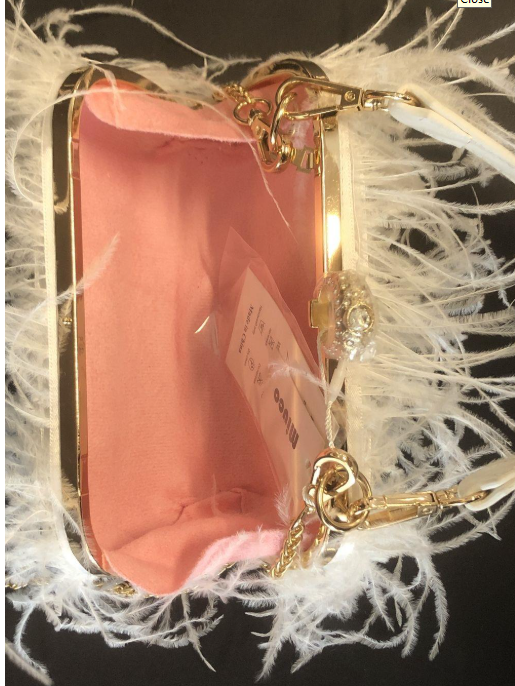 White Feather Bridal Evening Clutch with Gold Chain Strap | Formal Handbag